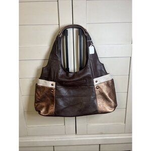 B Makowsky Brown Ivory & Gold Leather Hobo Style Handbag Purse Rose Gold